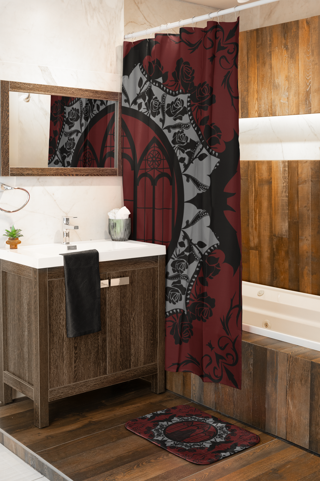 Gothic Cathedral Bats Shower Curtain — Crimson Rose Mandala Bathroom Decor