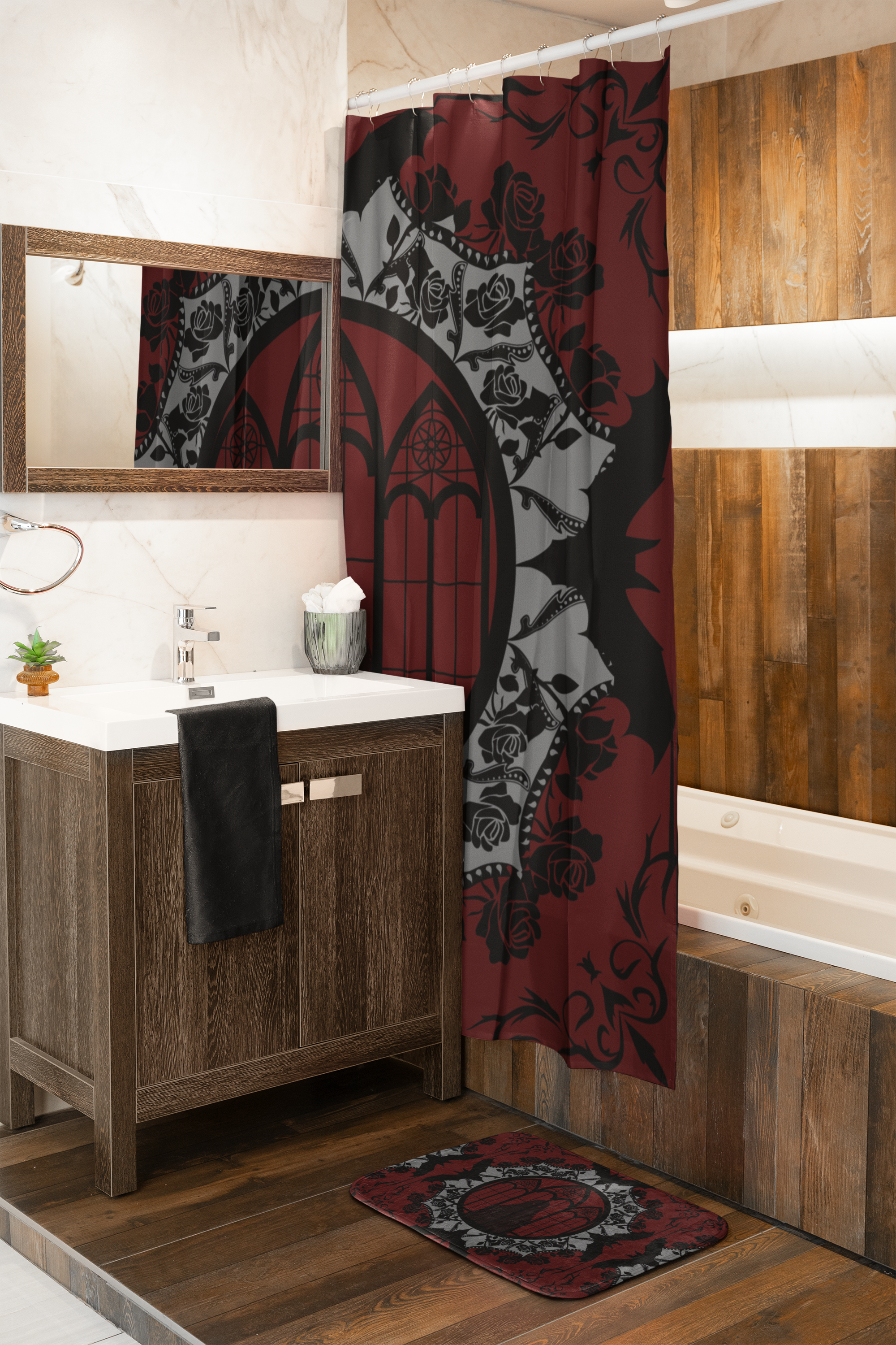 Gothic Cathedral Bats Shower Curtain — Crimson Rose Mandala Bathroom Decor
