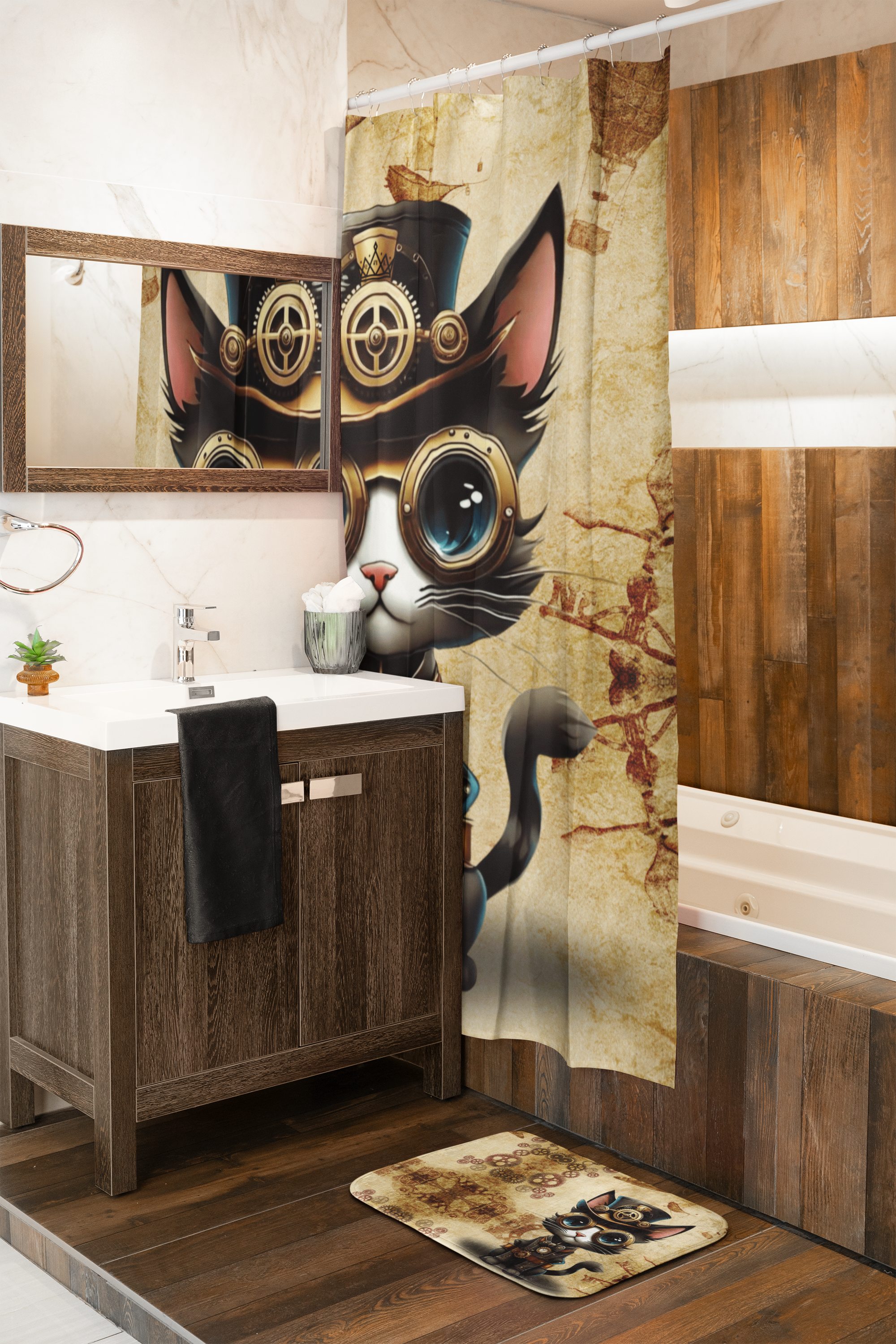 Steampunk Cat Bath Mat — Vintage Industrial Bathroom Decor
