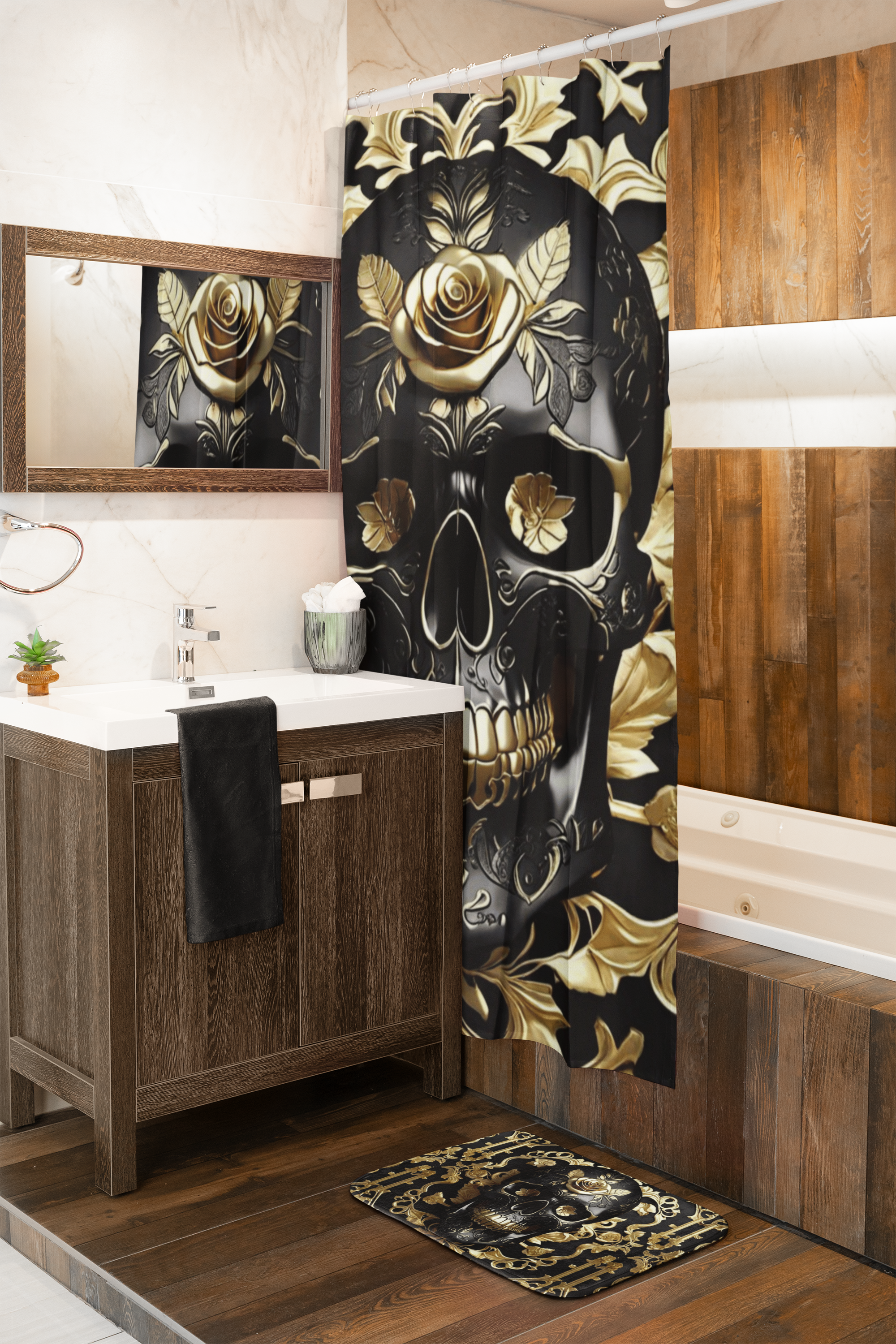 Gothic Black & Gold Skull Shower Curtain — Luxury Baroque Bathroom Decor