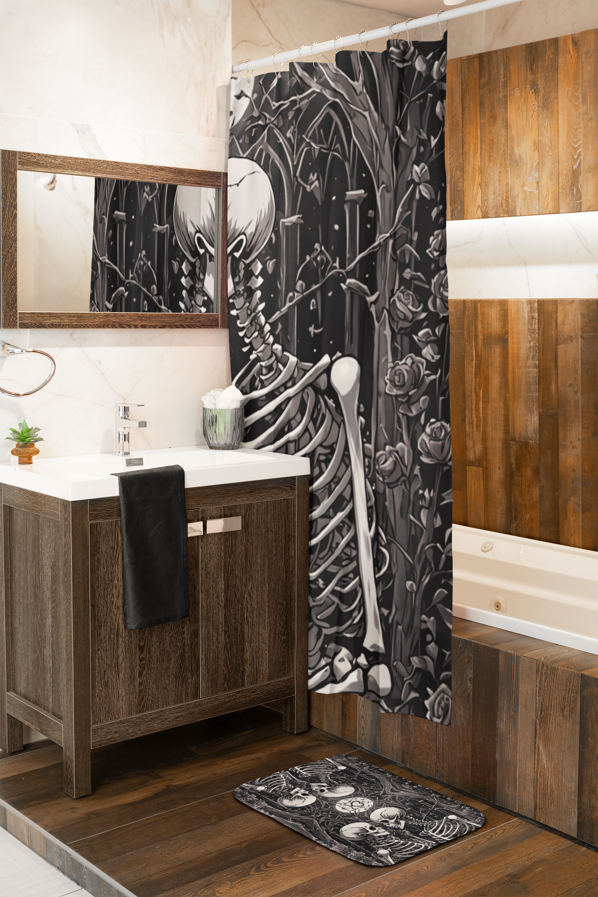 Gothic Skeleton Love Shower Curtain — Dark Romance Valloween Bathroom Decor