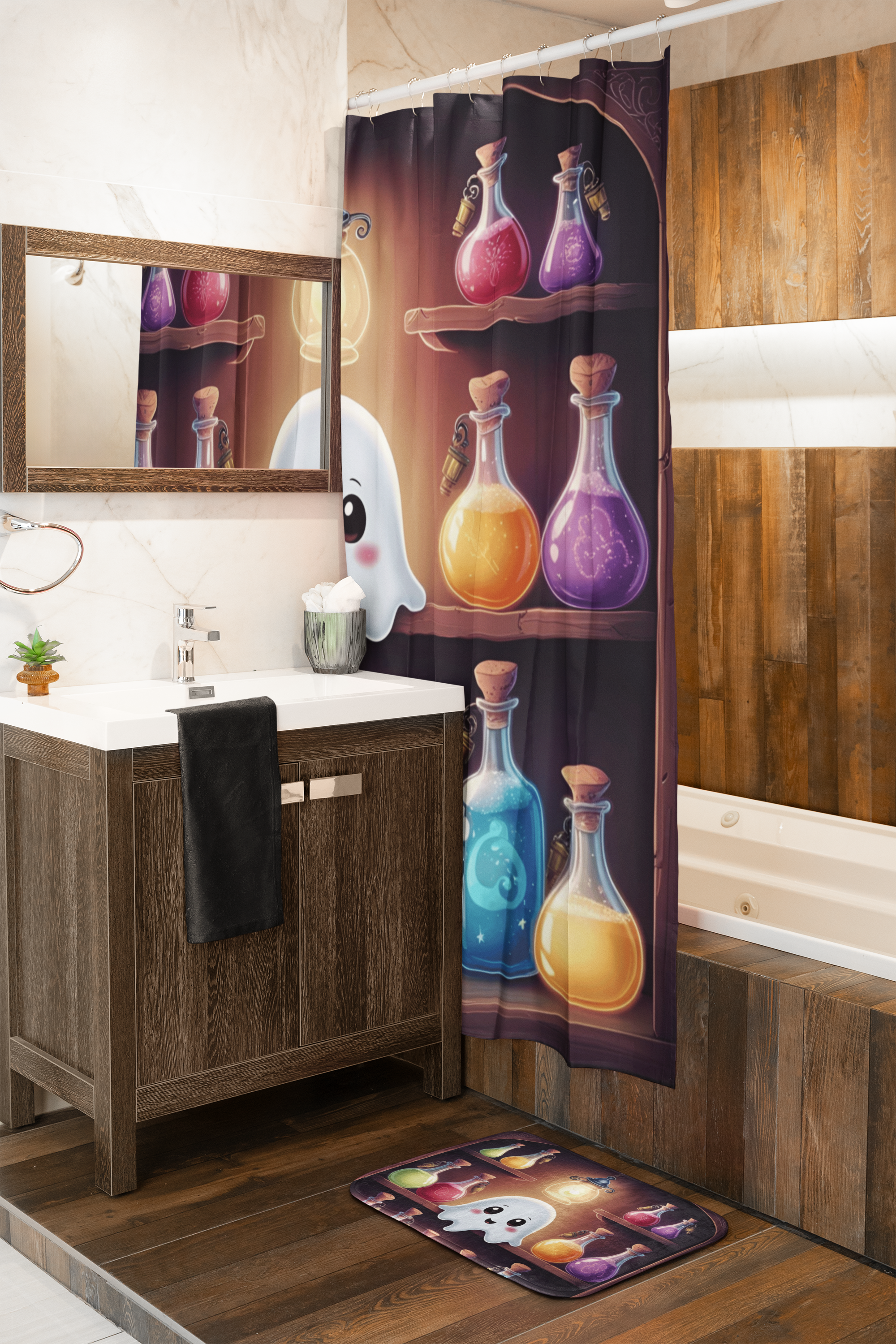 Apothecary Ghost Shower Curtain — Whimsigoth Potion Shelf Bathroom Decor