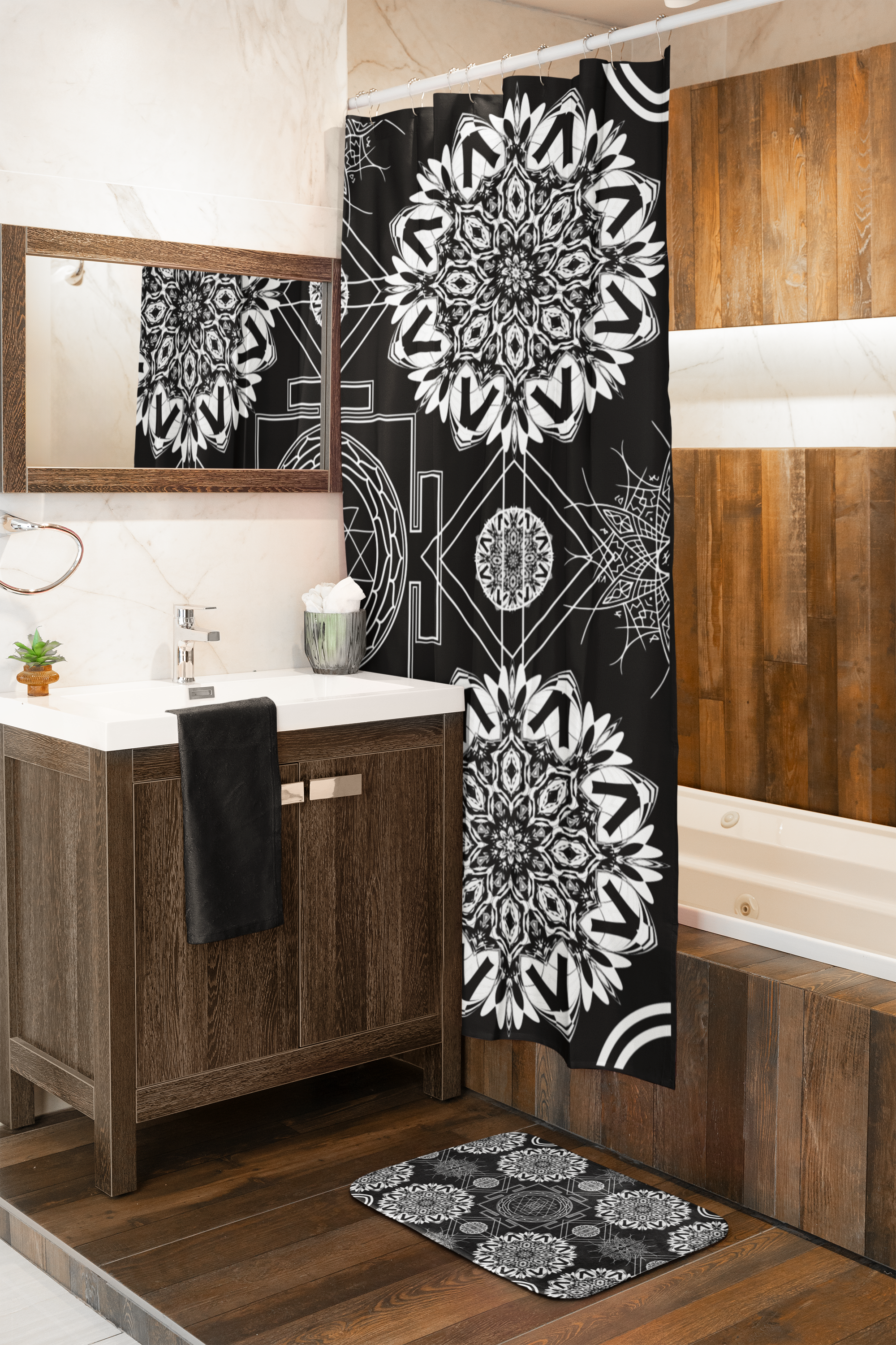 Sacred Geometry Shower Curtain — Mystical Black & White Mandala Bathroom Decor