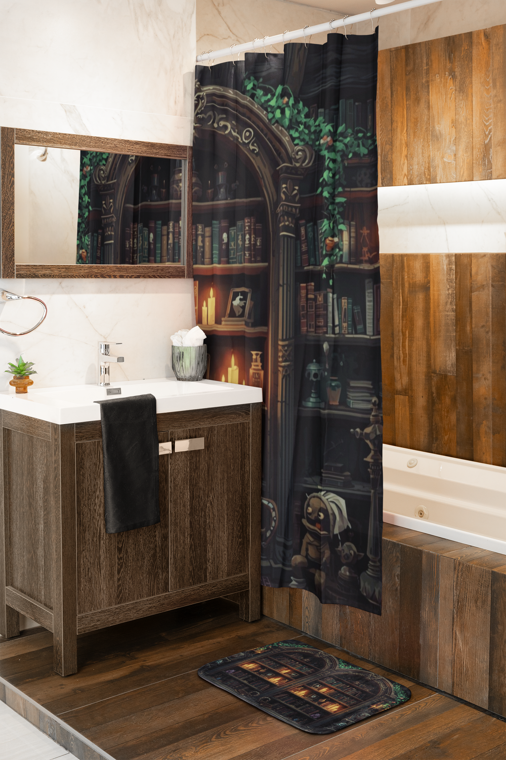 Whimsical Bookcase Shower Curtain — Dark Fantasy Library Bathroom Decor