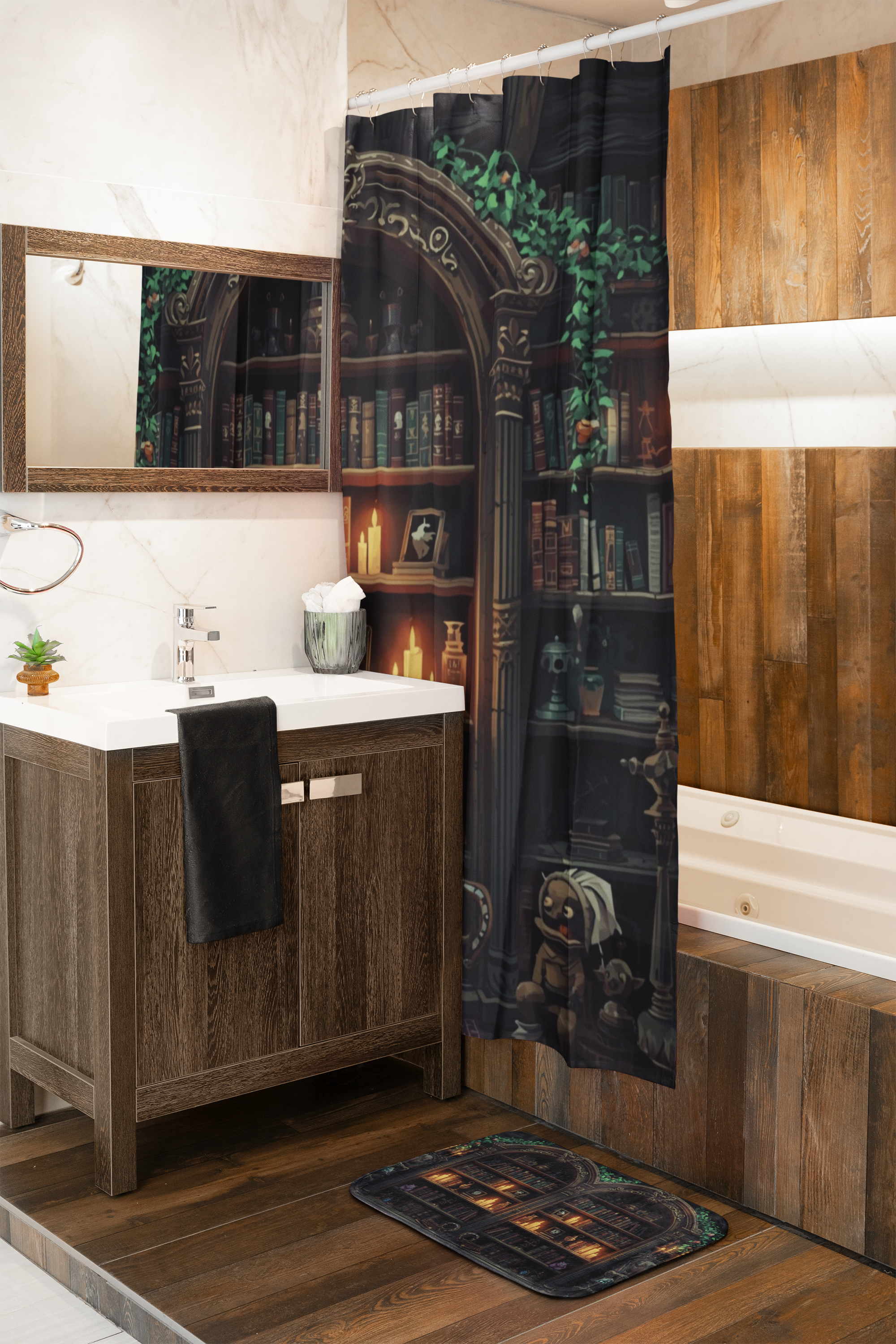 Whimsical Bookcase Shower Curtain — Dark Fantasy Library Bathroom Decor