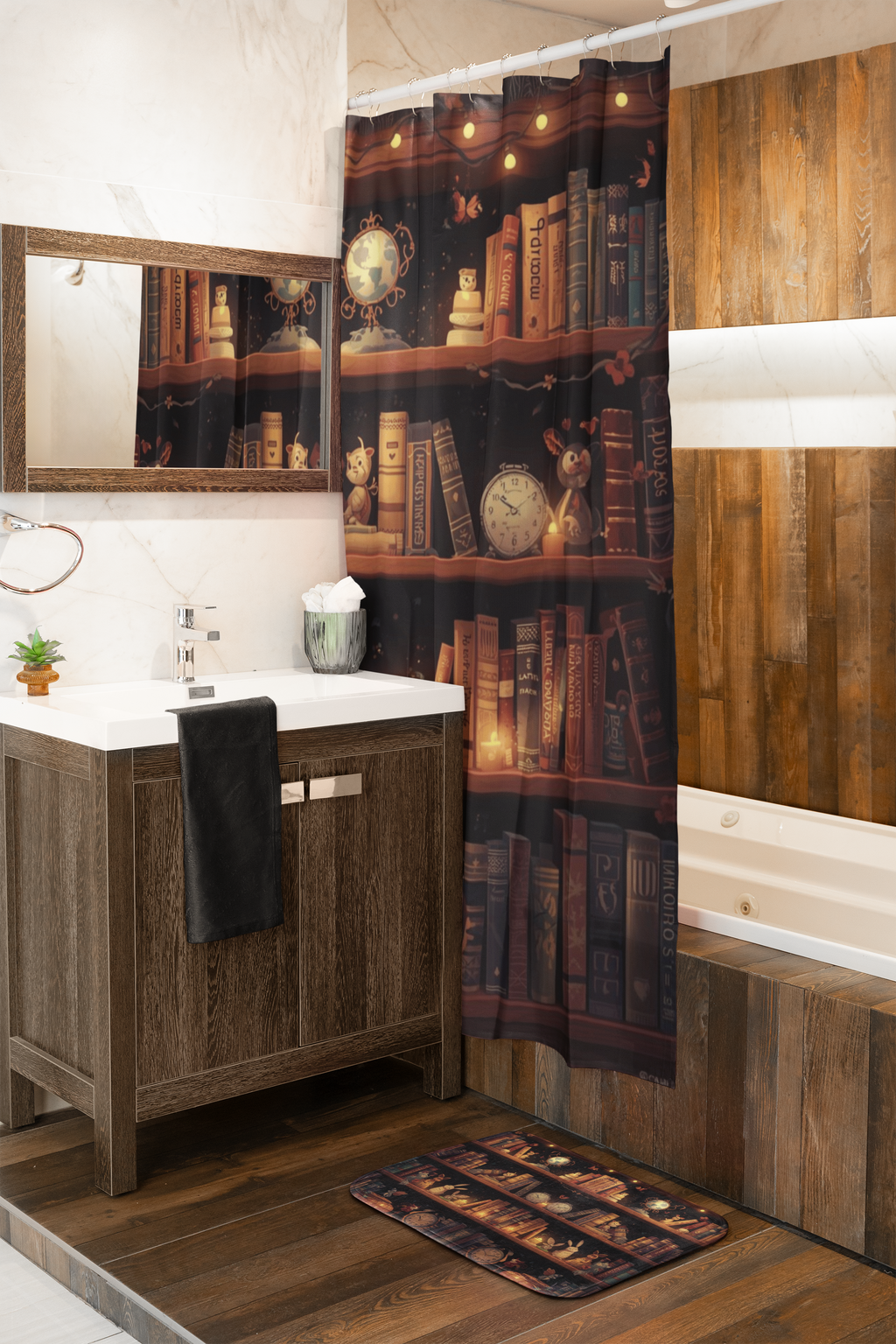 Whimsical Rabbit Bookcase Shower Curtain — Cozy Fantasy Library Bathroom Decor