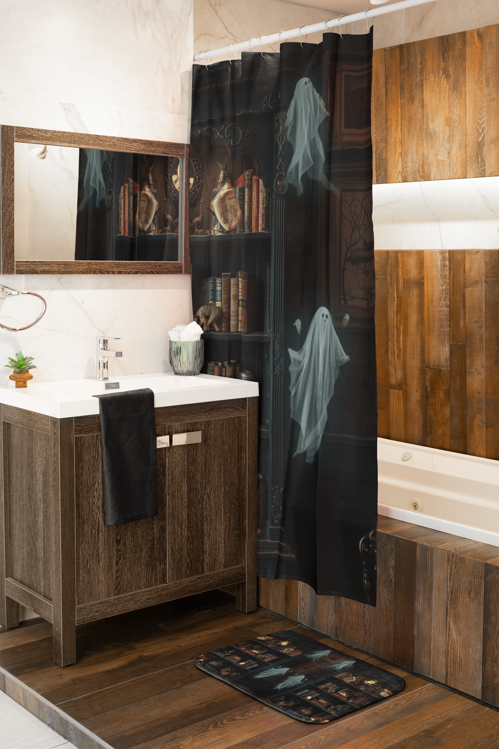 Whimsigoth Bookcase Ghost Shower Curtain — Dark Academia Ghost Library Decor