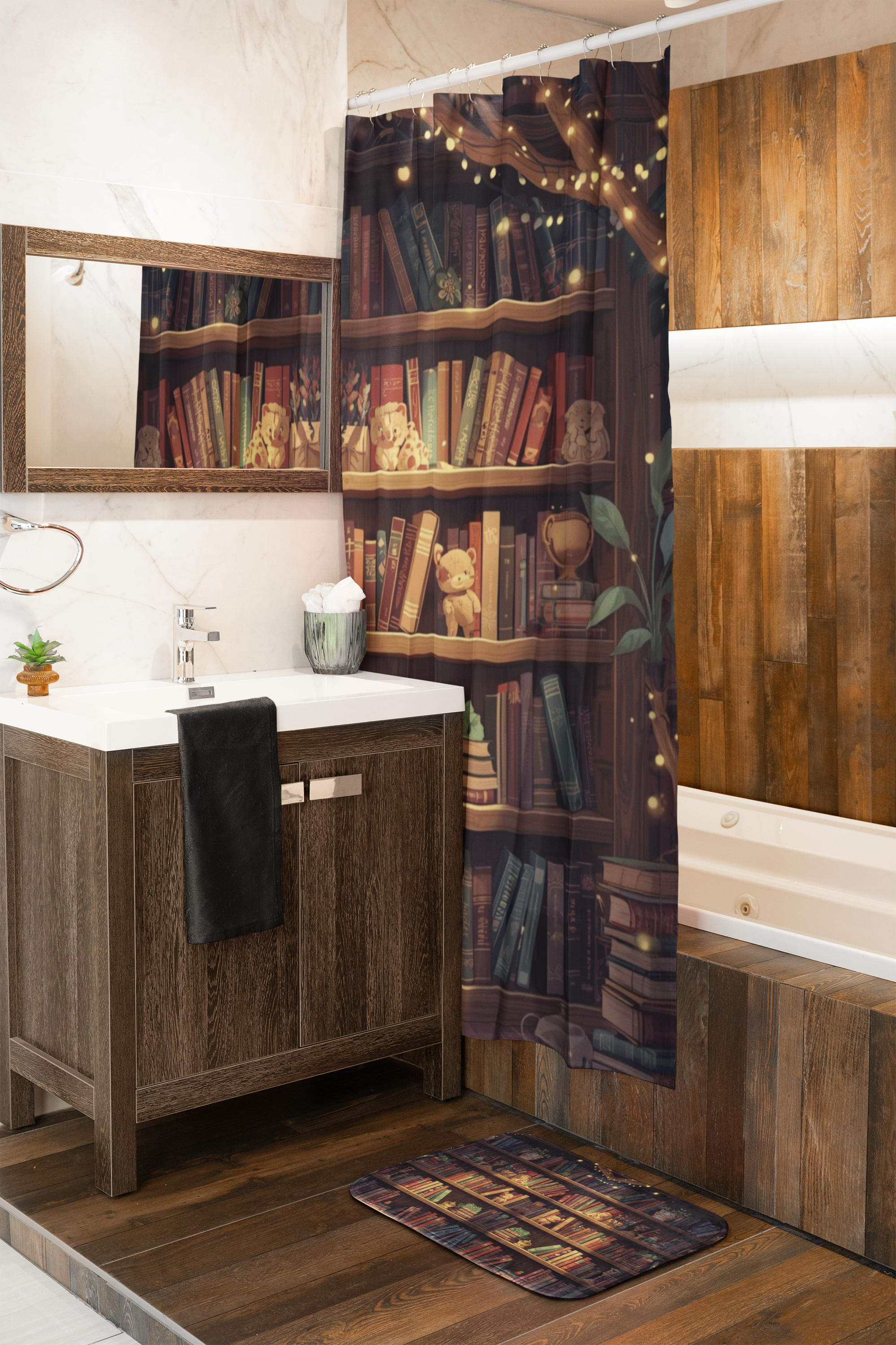 Cottagecore Bookcase Bath Mat — Cozy Fantasy Book Lover Bathroom Decor