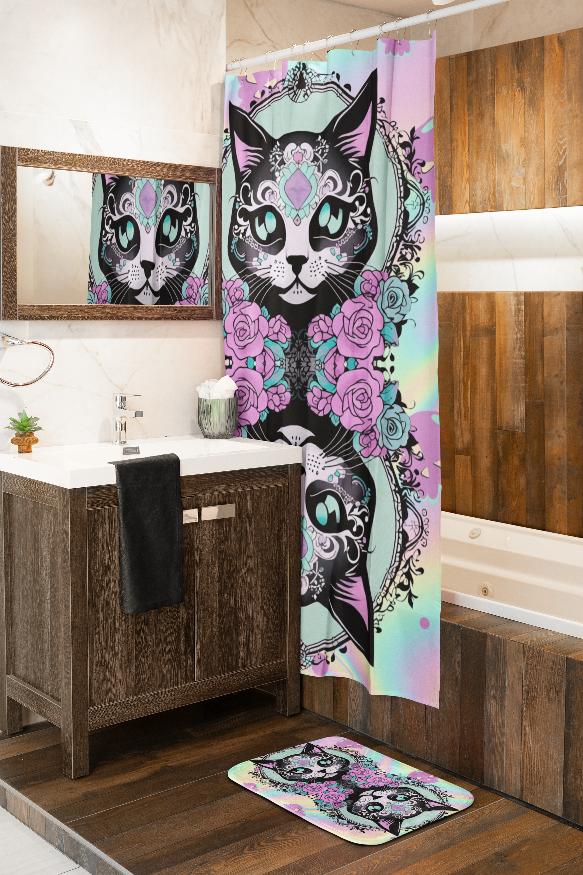 Pastel Goth Sugar Skull Cat Bath Mat — Whimsical Bathroom Decor