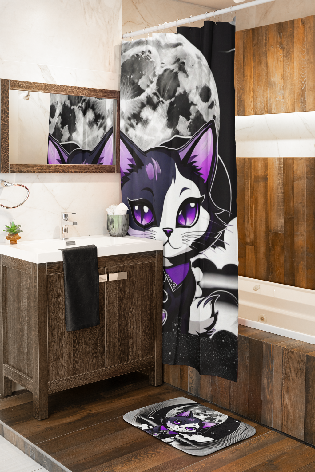 Pastel Goth Black Cat Full Moon Shower Curtain — Witchy Bathroom Decor