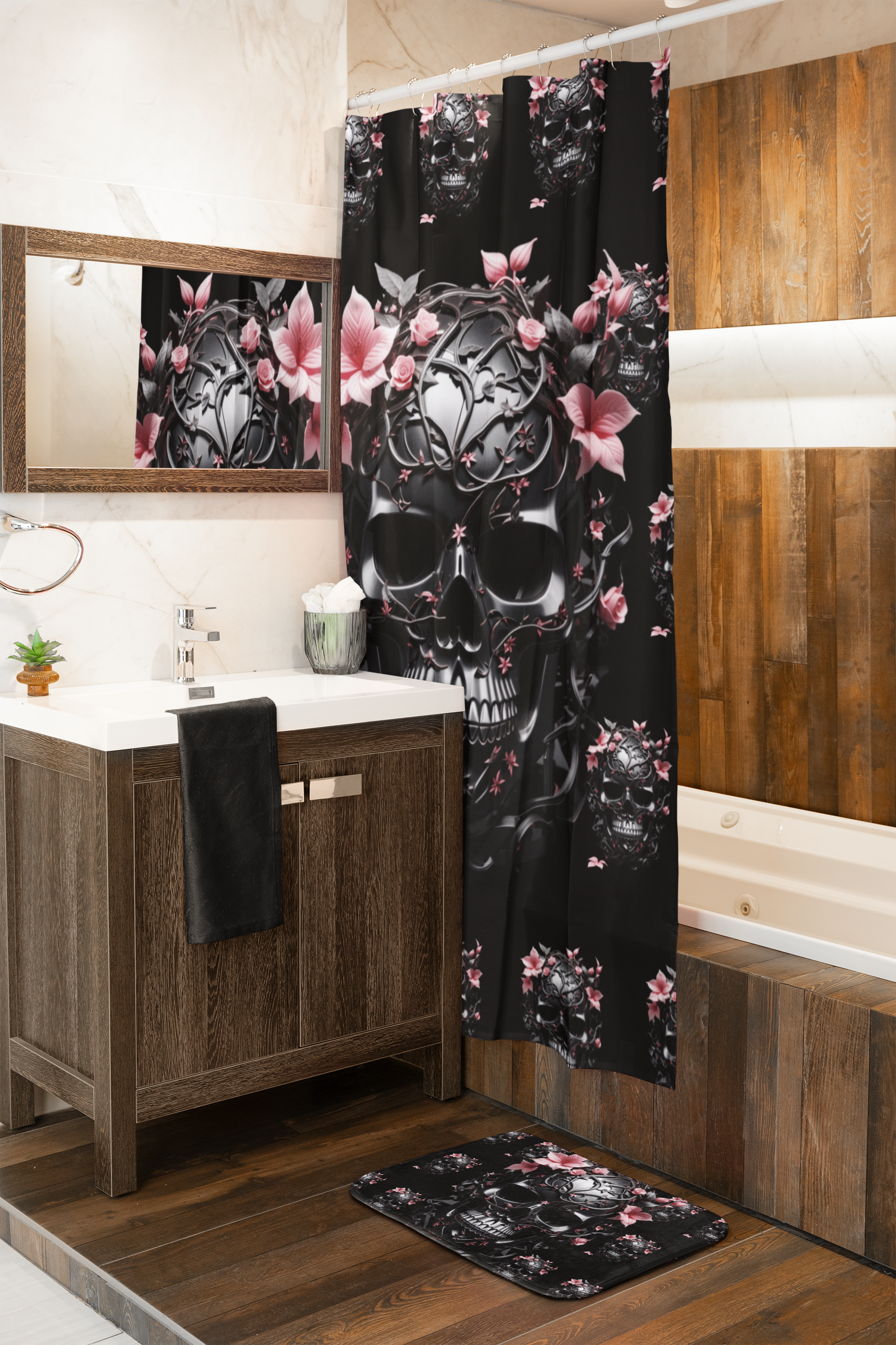 Gothic Floral Skull Bath Mat — Dark Botanical Bathroom Decor