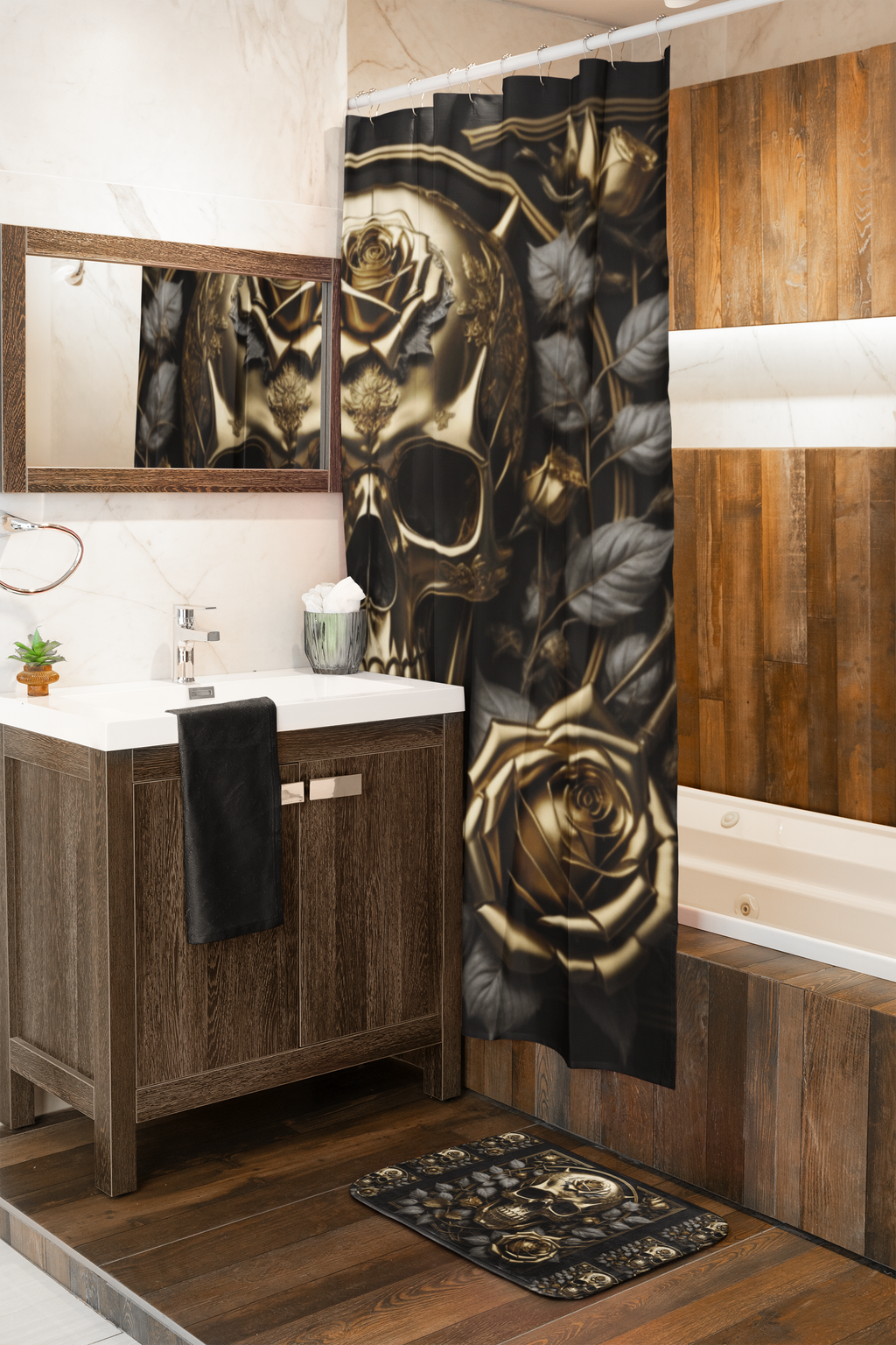 Gothic Black & Gold Skull Rose Bath Mat — Gothic Glam Bathroom Decor