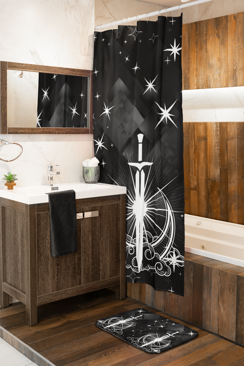 Gothic Celestial Sword Crescent Moon Bath Mat — Starry Night Bathroom Decor