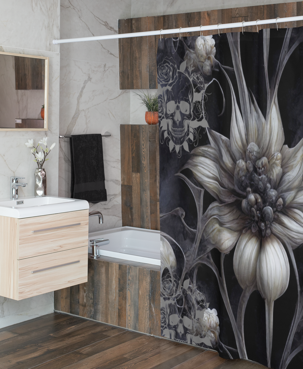 Gothic Botanical Skull Shower Curtain — Dark Floral Bathroom Decor