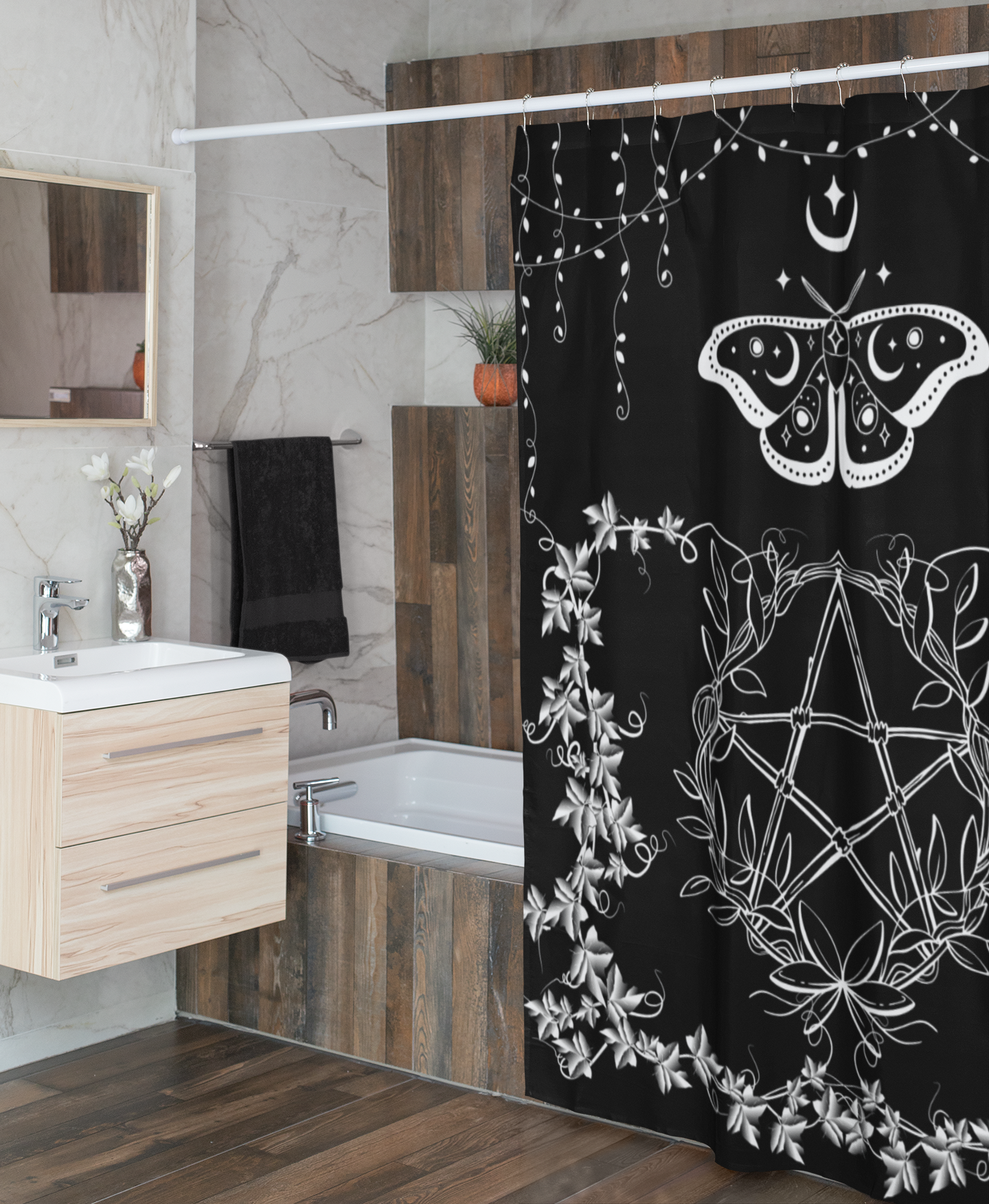 Whimsigoth Pentagram Shower Curtain — Witchy Dark Cottagecore Bathroom Decor