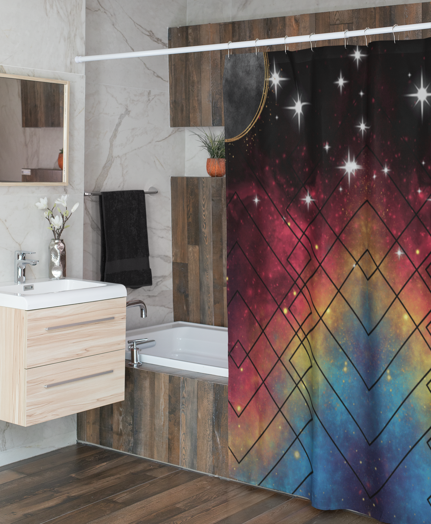 Rainbow Galaxy Geometric Shower Curtain — Colorful Space Bathroom Decor