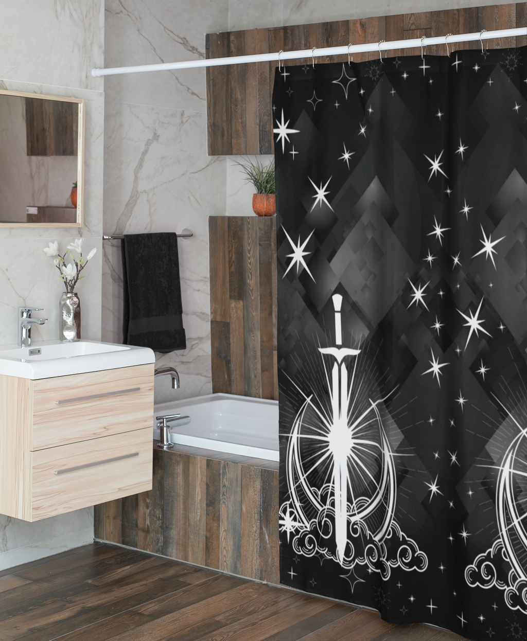 Celestial Sword Shower Curtain — Gothic Fantasy Moon Bathroom Decor