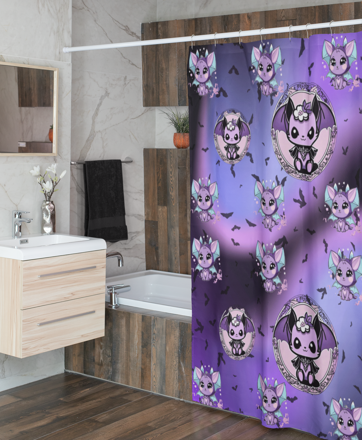 Pastel Goth Bat Shower Curtain — Kawaii Vampire Bat Purple Bathroom Decor