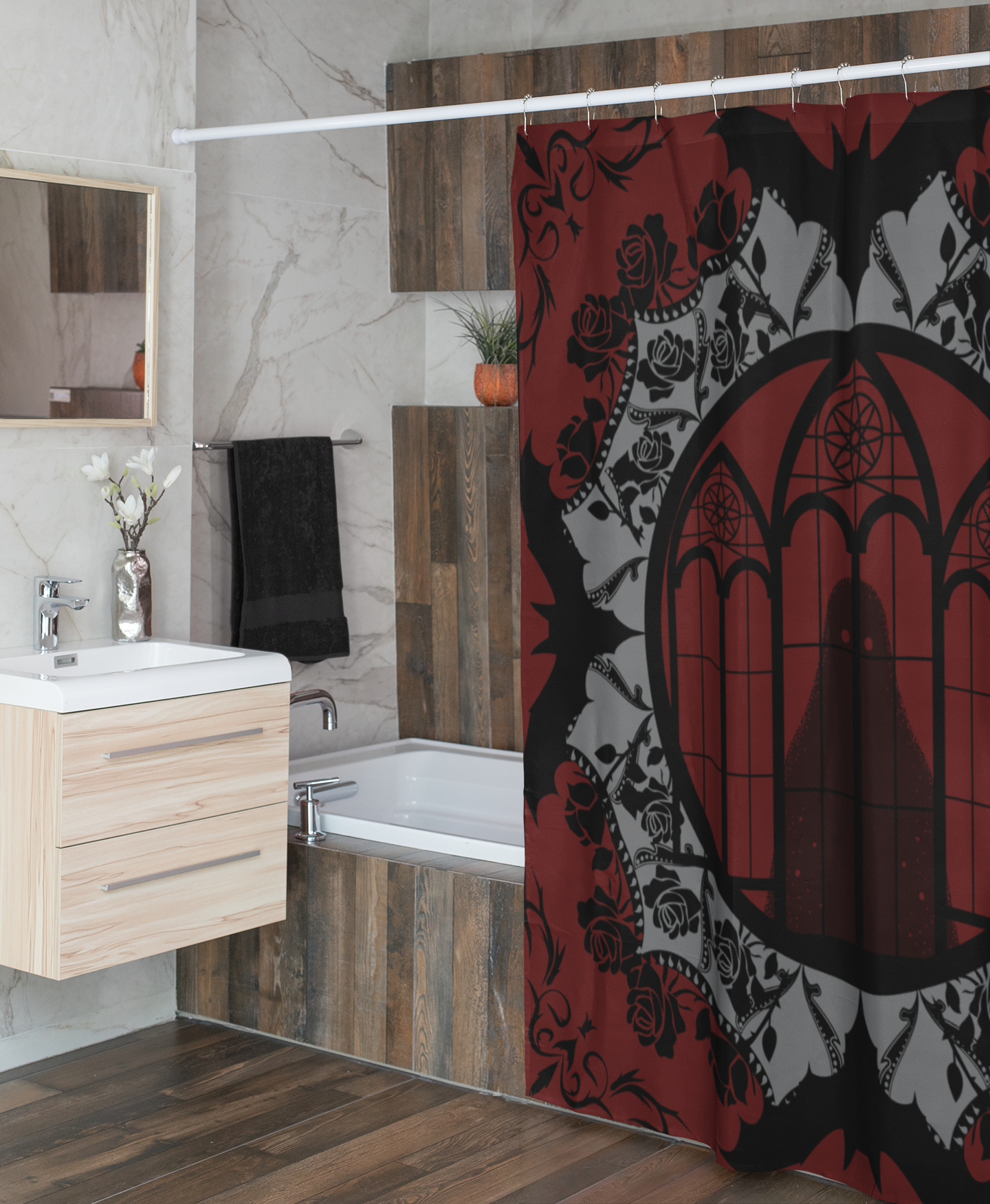 Gothic Cathedral Bats Shower Curtain — Crimson Rose Mandala Bathroom Decor
