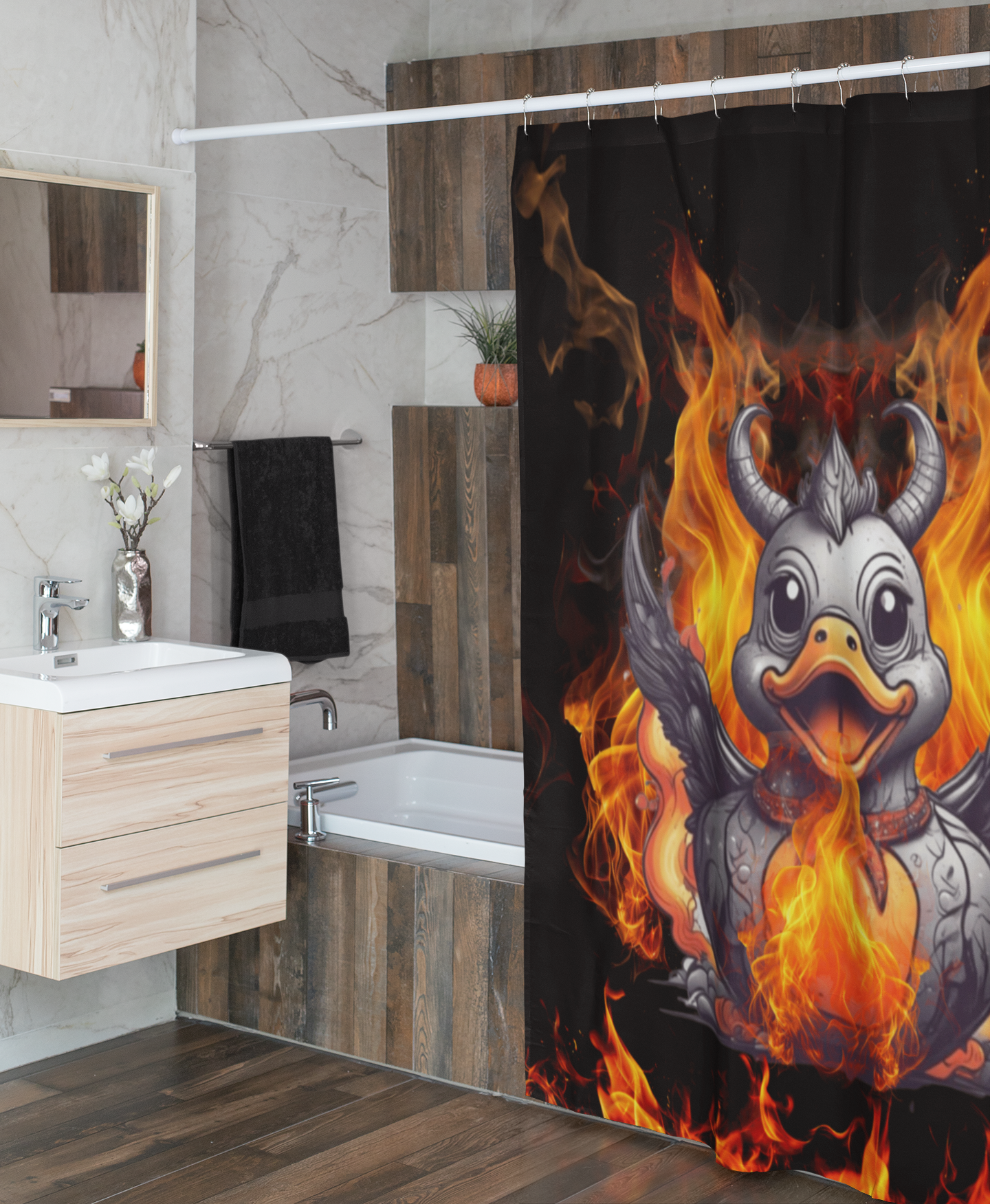 Gothic Fire Duck Shower Curtain — Demon Rubber Ducky Dark Bathroom Decor