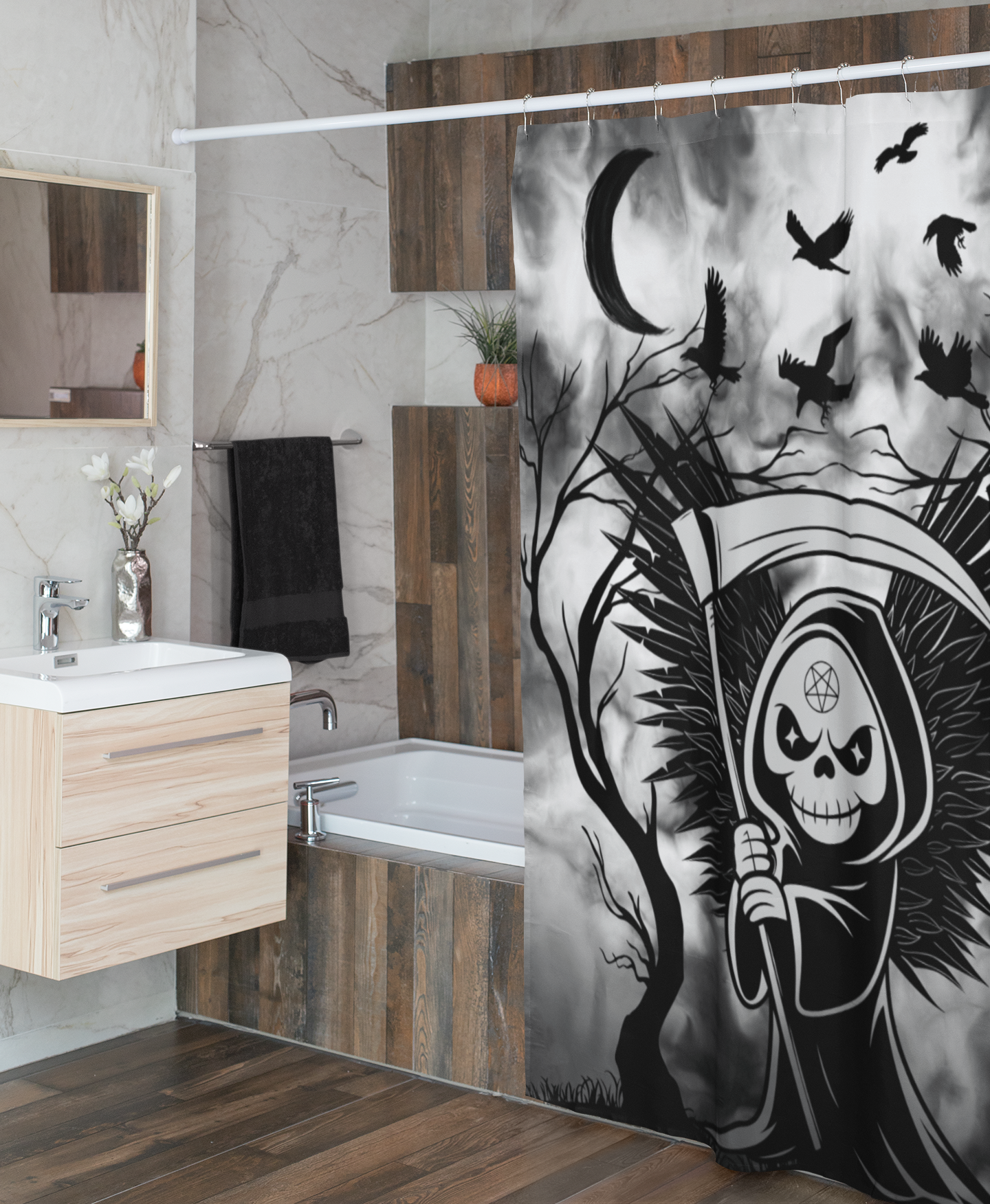 Gothic Grim Reaper Shower Curtain — Dark Macabre Bathroom Decor