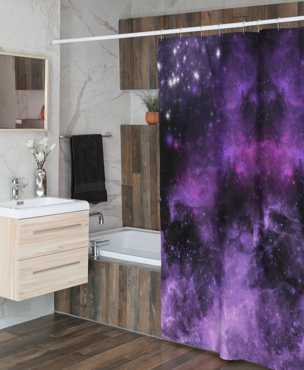 Pastel Goth Galaxy Shower Curtain — Purple Nebula Cosmic Bathroom Decor