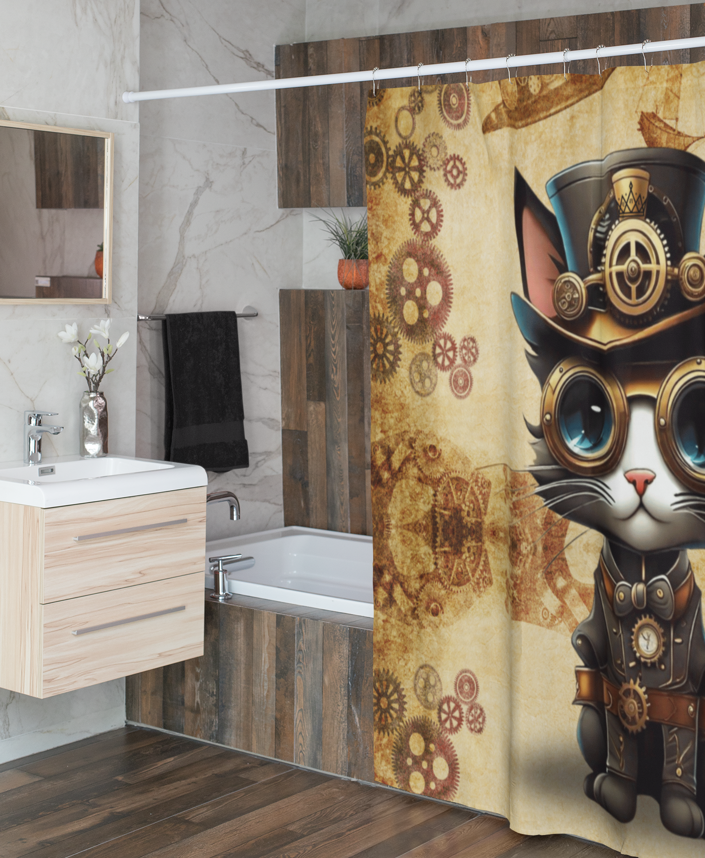 Steampunk Cat Shower Curtain — Vintage Industrial Bathroom Decor
