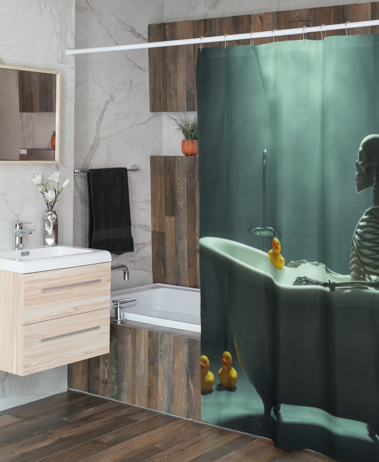 Skeleton Bubble Bath Shower Curtain — Gothic Humor Bathroom Decor