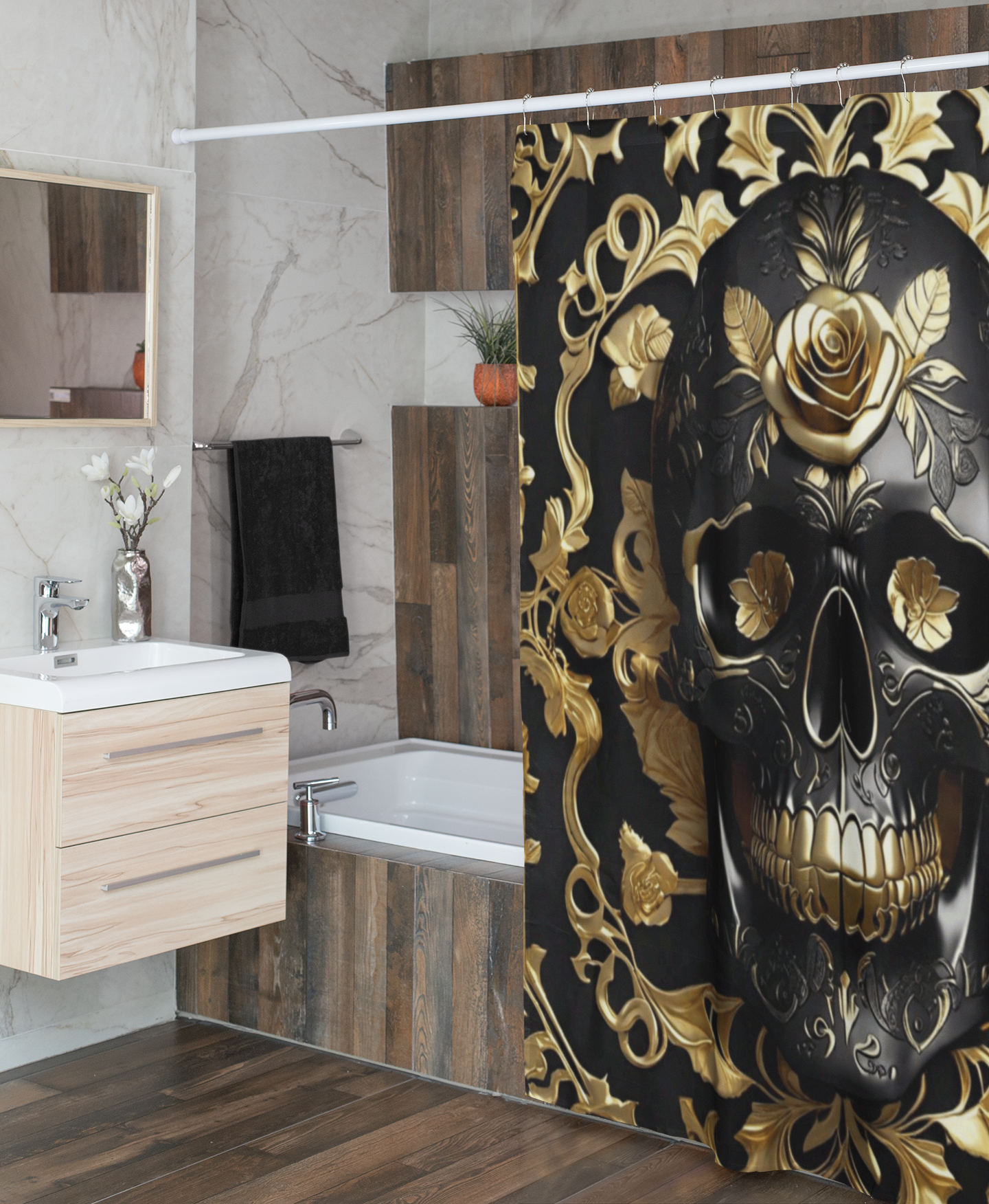 Gothic Black & Gold Skull Shower Curtain — Luxury Baroque Bathroom Decor