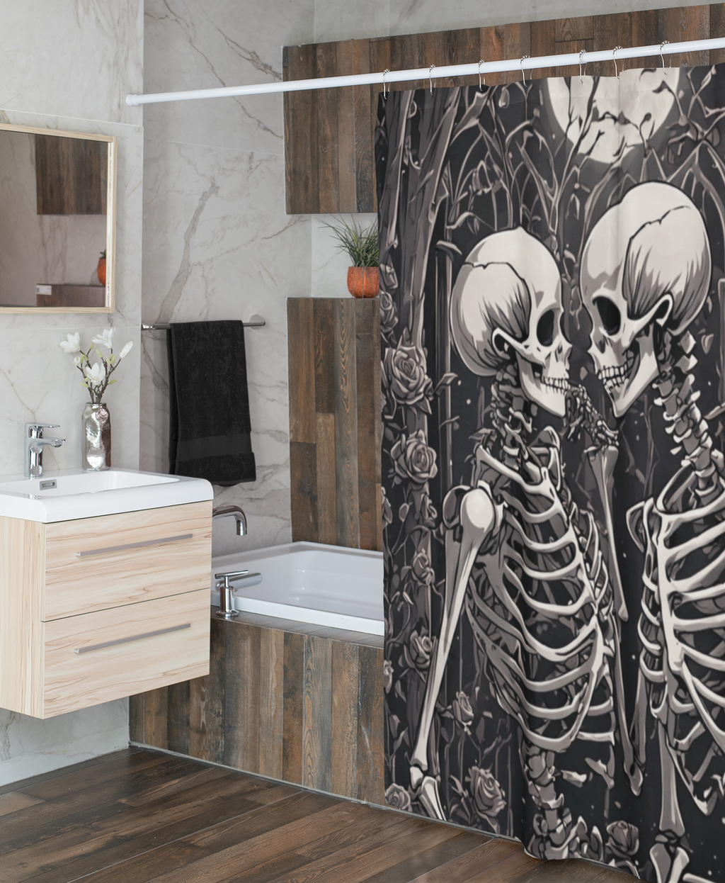 Gothic Skeleton Love Shower Curtain — Dark Romance Valloween Bathroom Decor