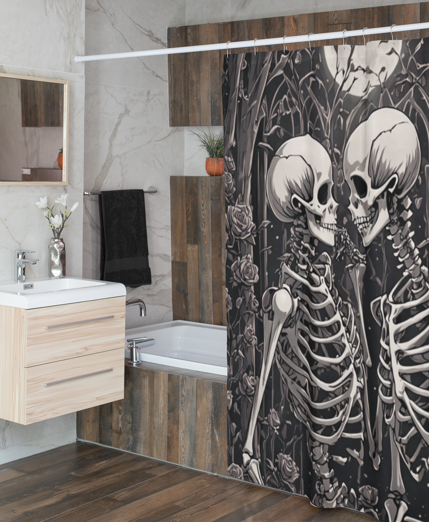 Gothic Skeleton Love Shower Curtain — Dark Romance Valloween Bathroom Decor