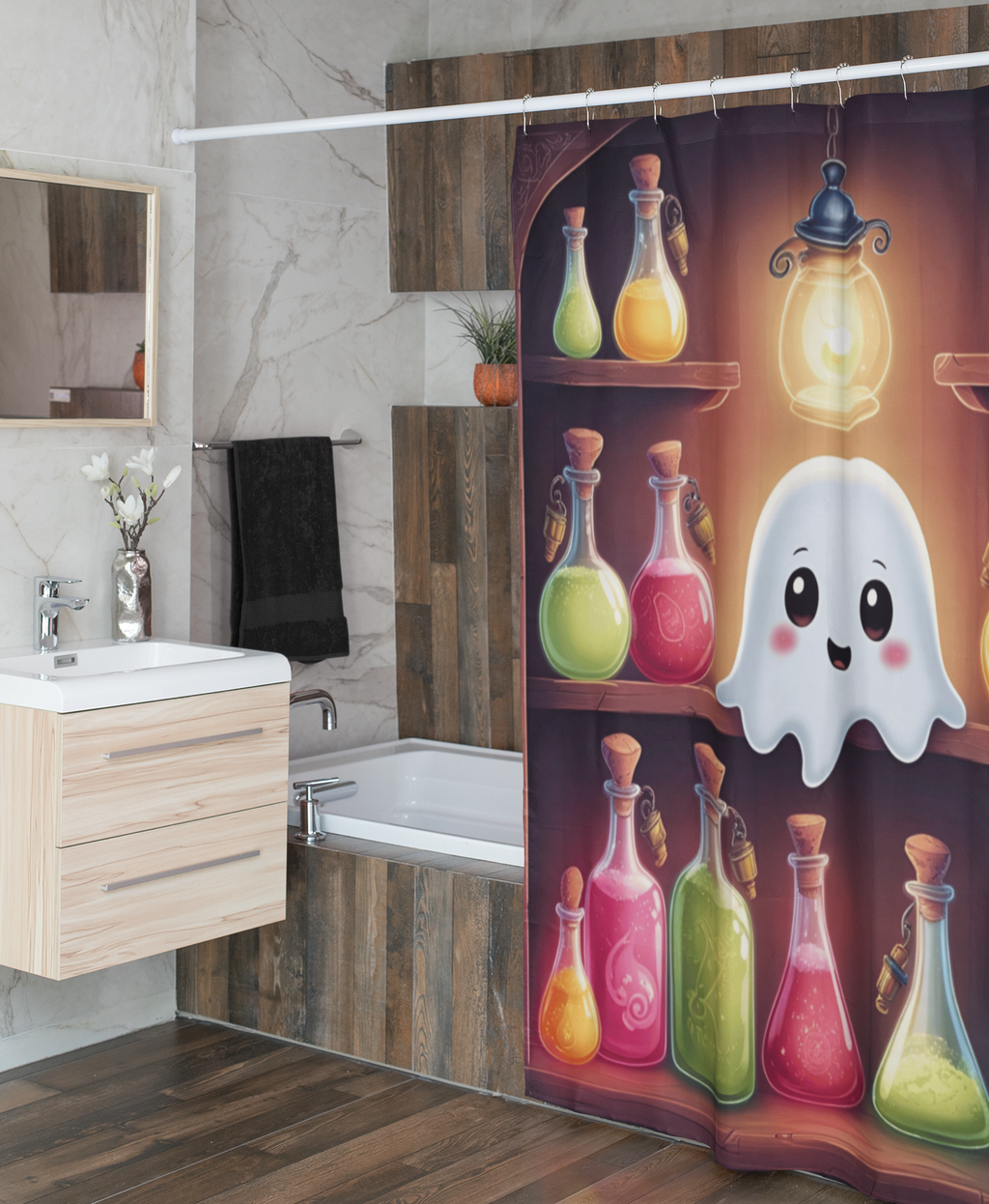 Apothecary Ghost Shower Curtain — Whimsigoth Potion Shelf Bathroom Decor