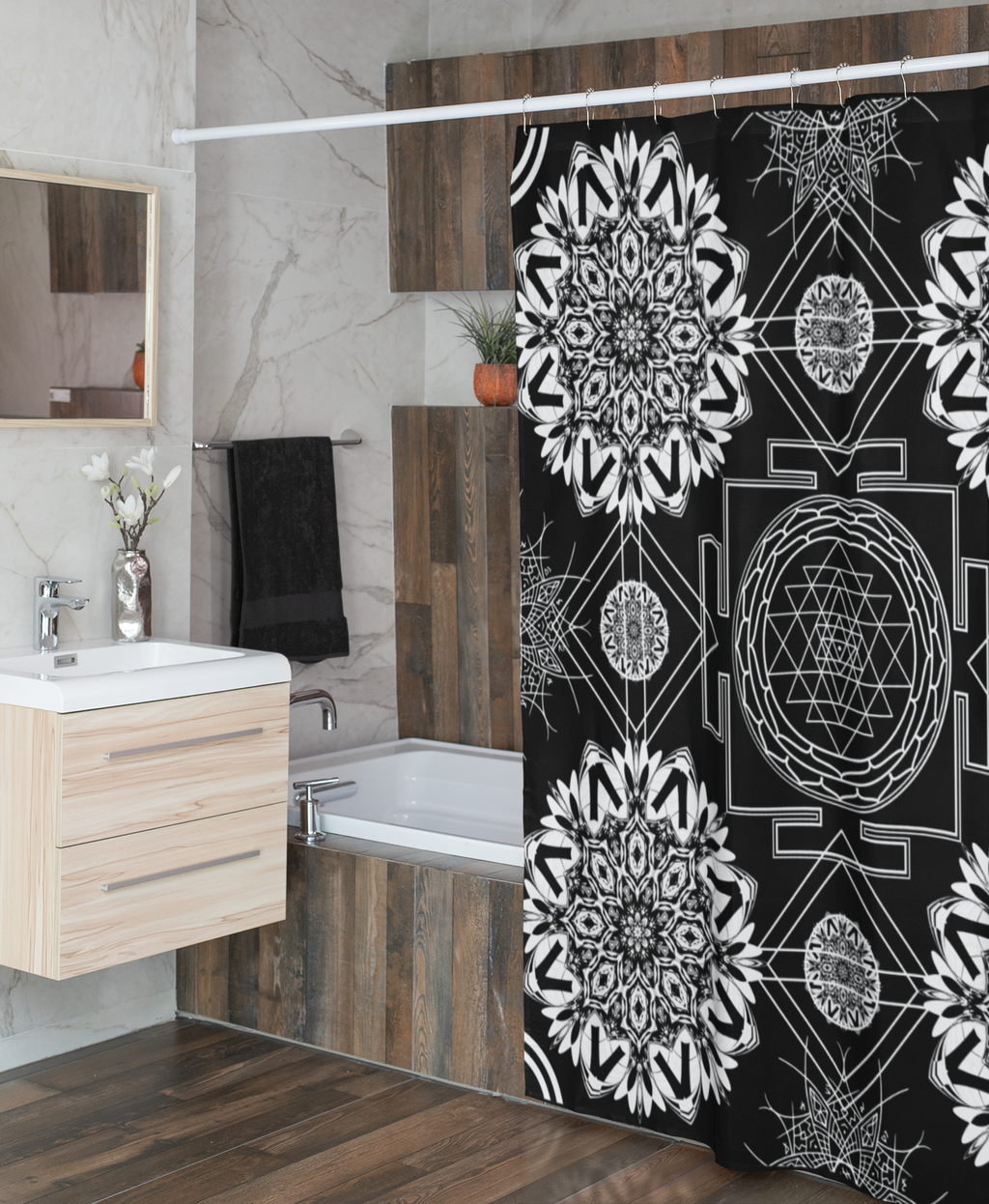 Sacred Geometry Shower Curtain — Mystical Black & White Mandala Bathroom Decor