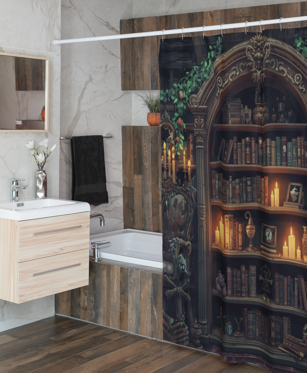Whimsical Bookcase Shower Curtain — Dark Fantasy Library Bathroom Decor