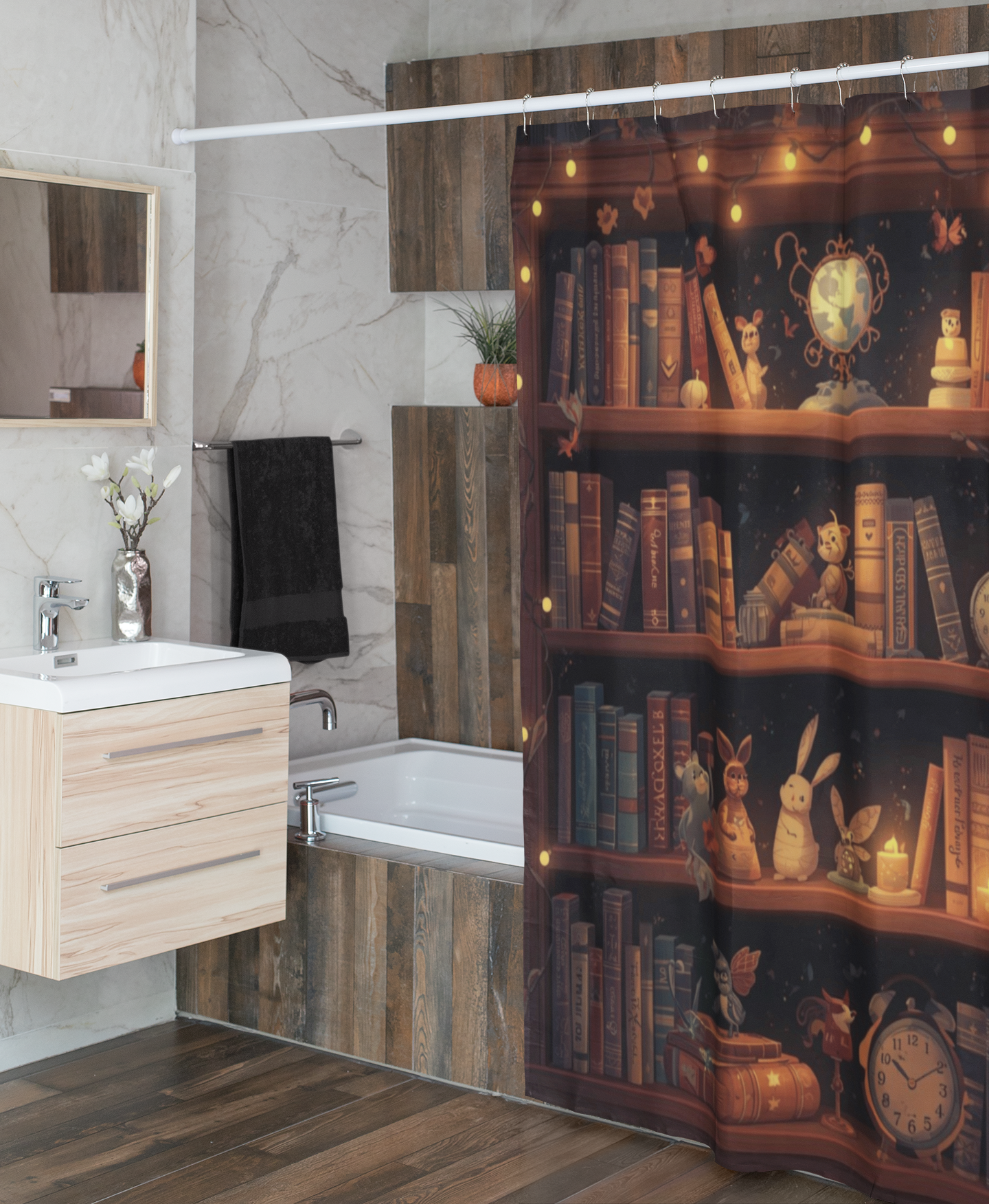 Whimsical Rabbit Bookcase Shower Curtain — Cozy Fantasy Library Bathroom Decor