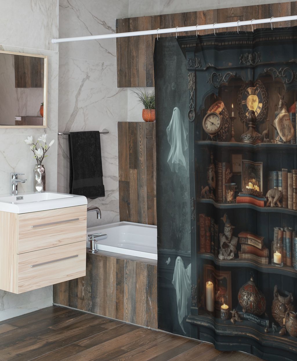 Whimsigoth Bookcase Ghost Shower Curtain — Dark Academia Ghost Library Decor