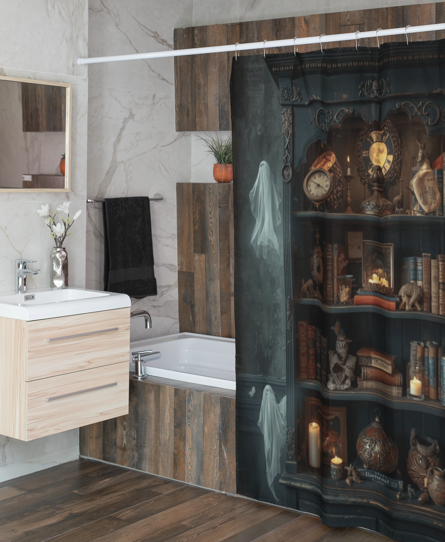 Whimsigoth Bookcase Ghost Shower Curtain — Dark Academia Ghost Library Decor