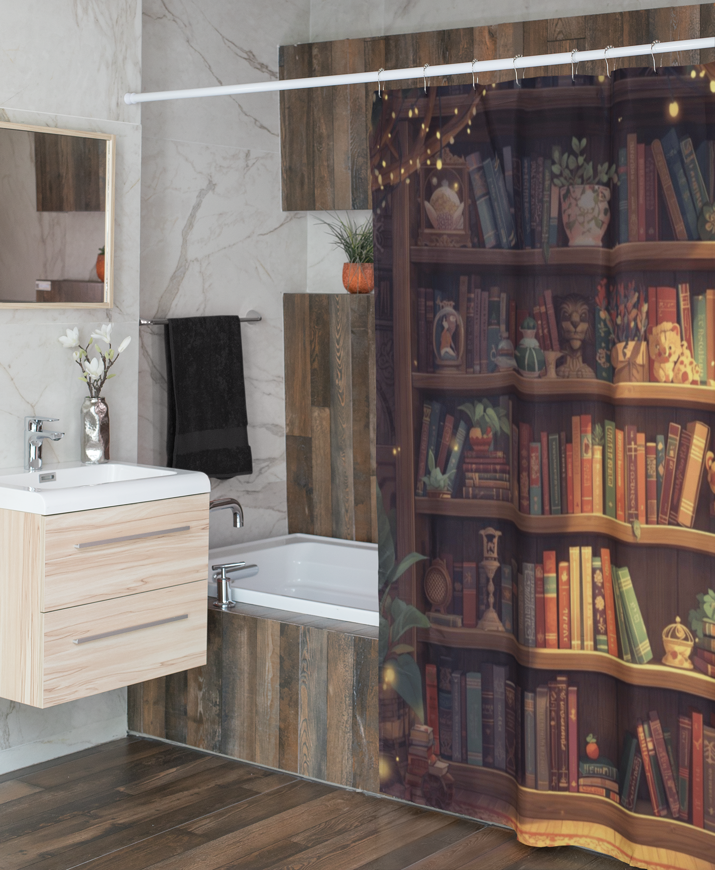 Cottagecore Bookcase Shower Curtain — Cozy Fantasy Book Lover Bathroom Decor