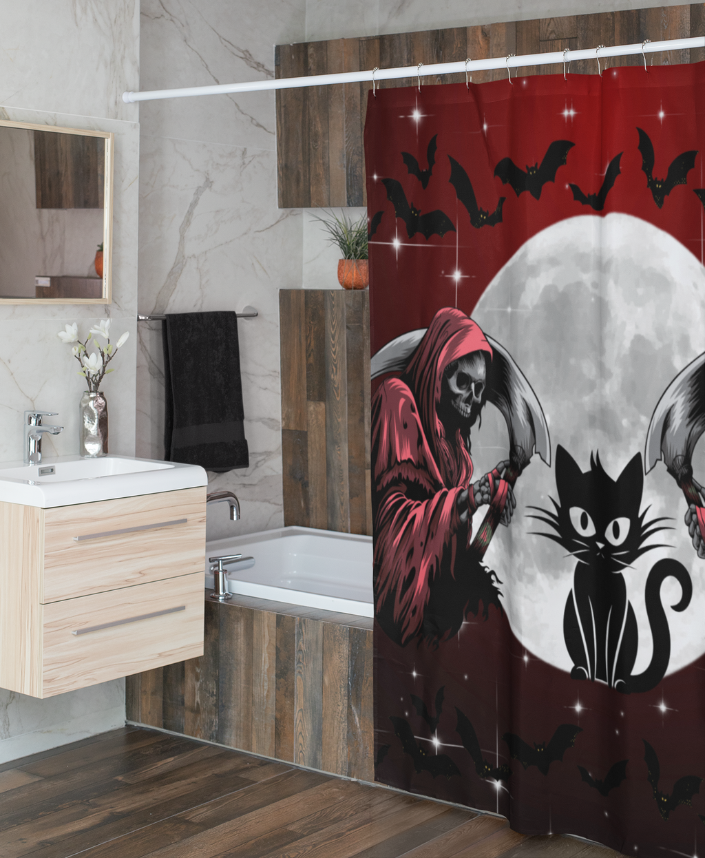 Gothic Grim Reaper Cat Full Moon Shower Curtain — Halloween Bathroom Decor