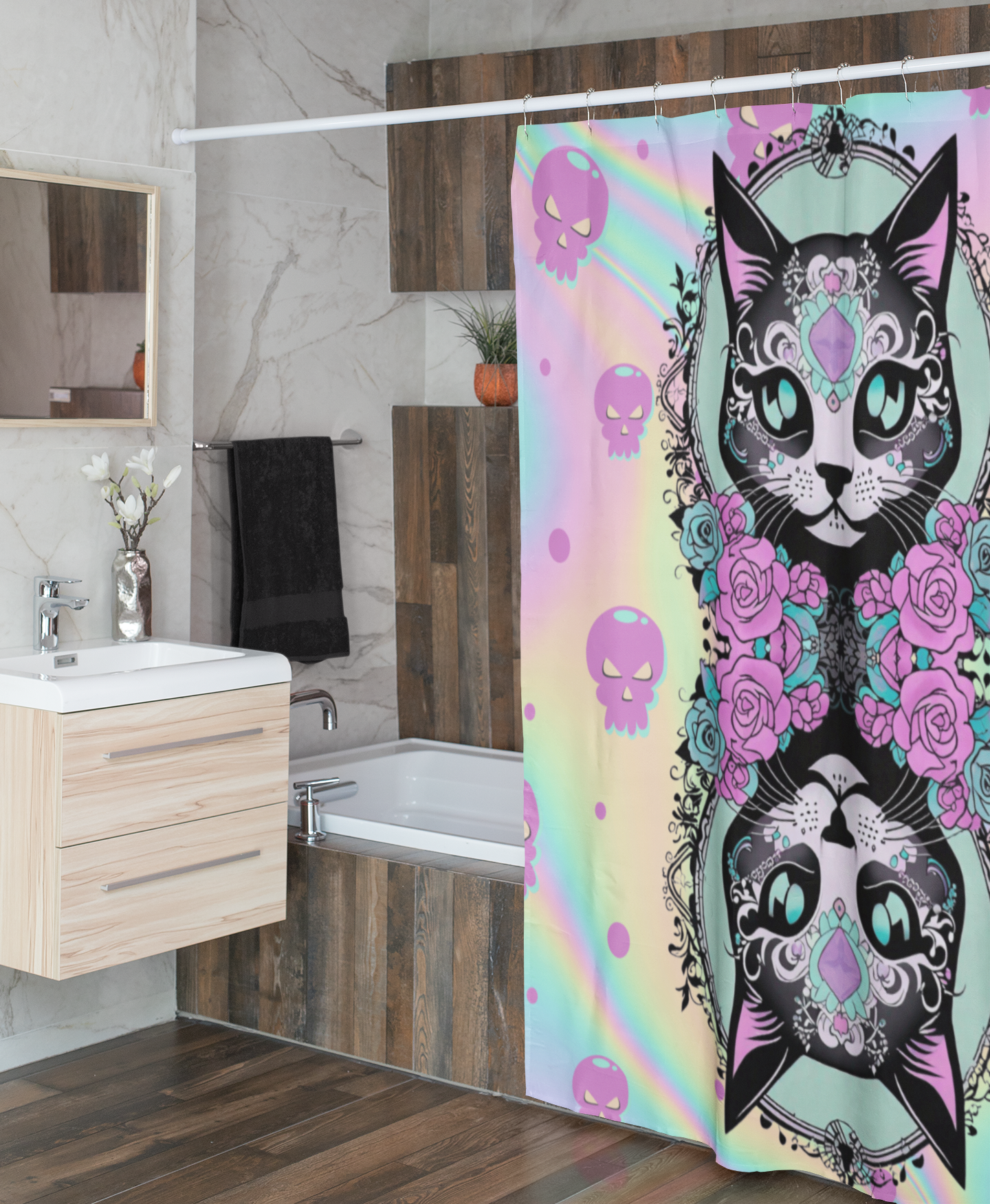 Pastel Goth Cat Shower Curtain — Kawaii Sugar Skull Cat Rainbow Bathroom Decor