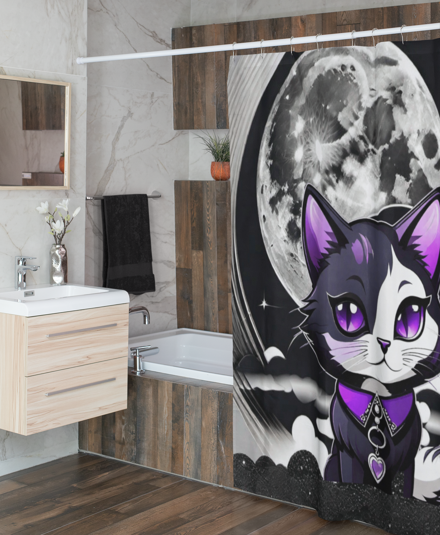 Pastel Goth Black Cat Full Moon Shower Curtain — Witchy Bathroom Decor