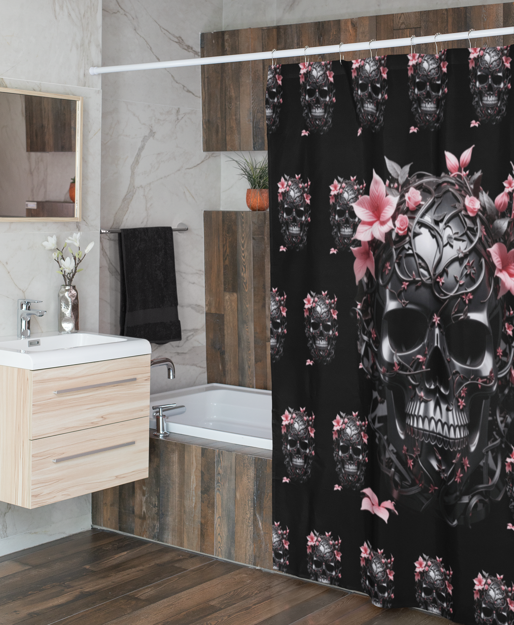 Gothic Floral Skull Shower Curtain — Dark Botanical Bathroom Decor