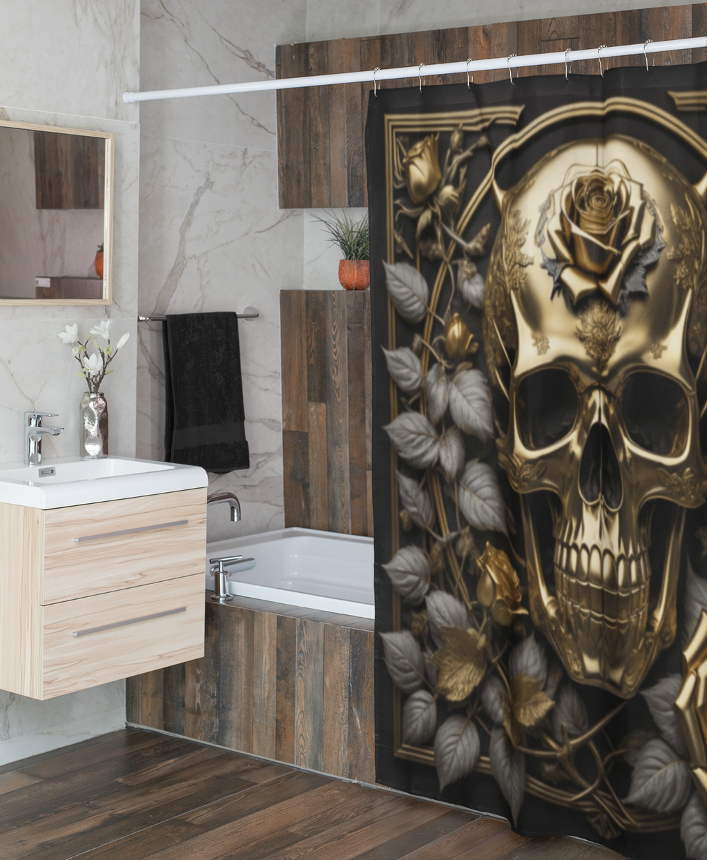 Gothic Black & Gold Skull Rose Shower Curtain — Gothic Glam Bathroom Decor