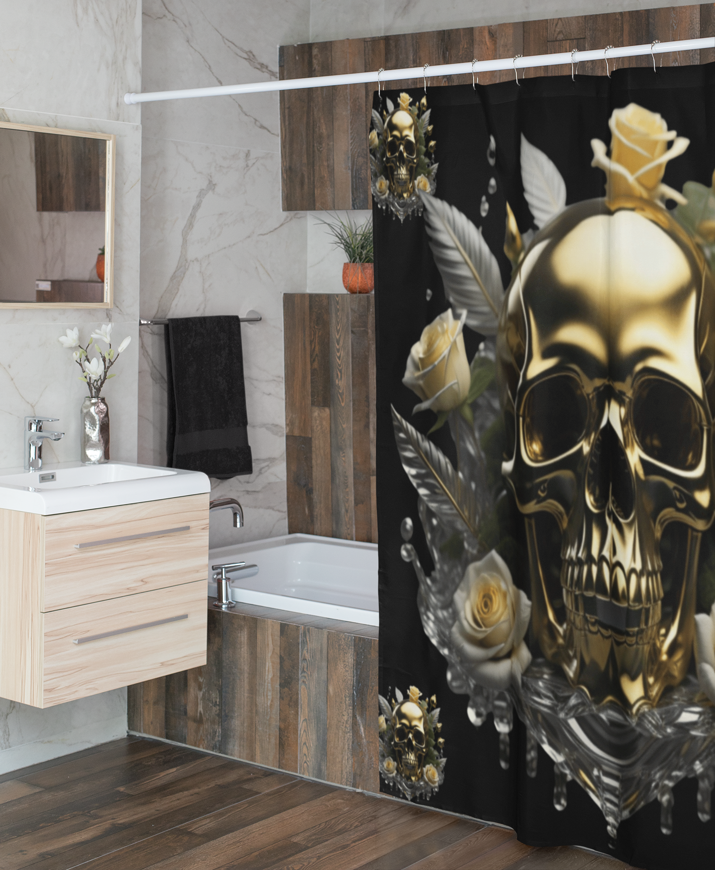 Gothic Gold Skull Crystal Rose Shower Curtain — Whimsigoth Bathroom Decor