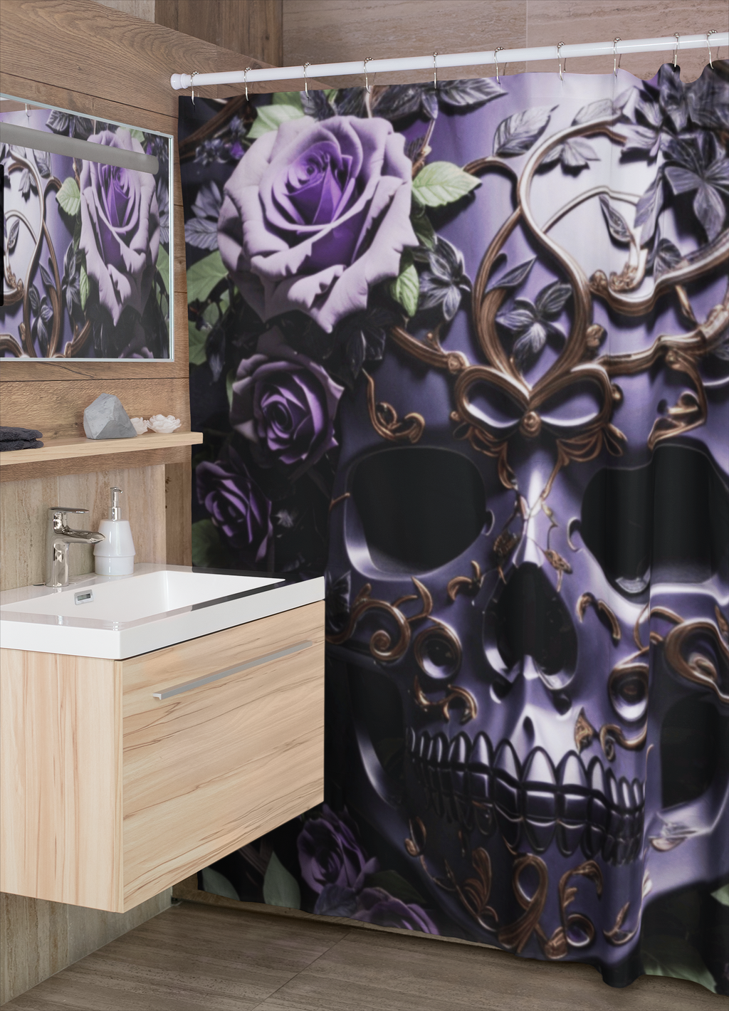 Gothic Purple Skull Shower Curtain — Dark Floral Rose Bathroom Decor