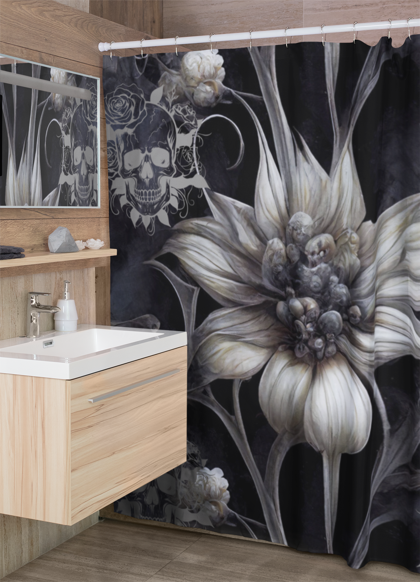 Gothic Botanical Skull Shower Curtain — Dark Floral Bathroom Decor