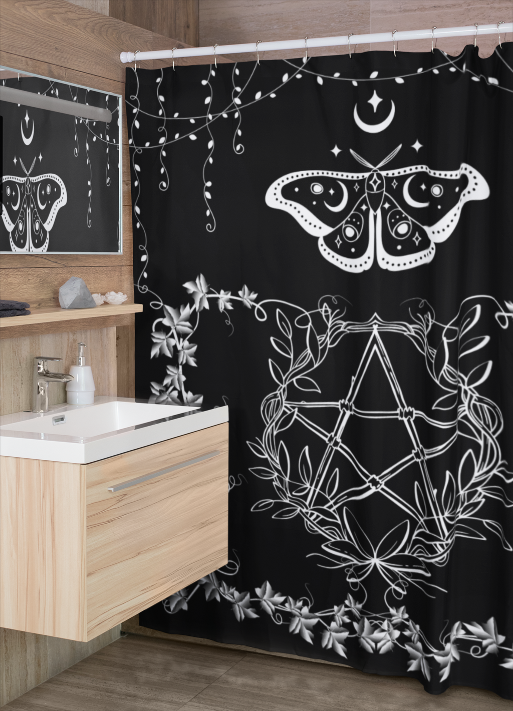 Whimsigoth Pentagram Shower Curtain — Witchy Dark Cottagecore Bathroom Decor
