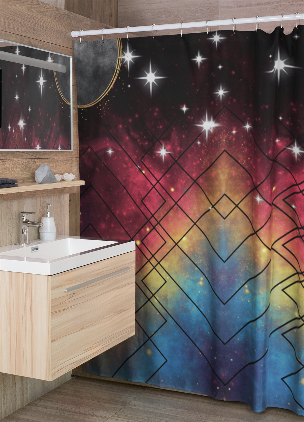 Rainbow Galaxy Geometric Shower Curtain — Colorful Space Bathroom Decor