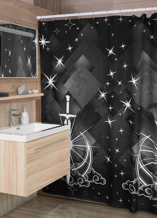 Celestial Sword Shower Curtain — Gothic Fantasy Moon Bathroom Decor