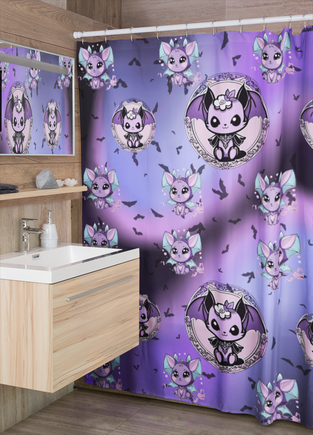 Pastel Goth Bat Shower Curtain — Kawaii Vampire Bat Purple Bathroom Decor